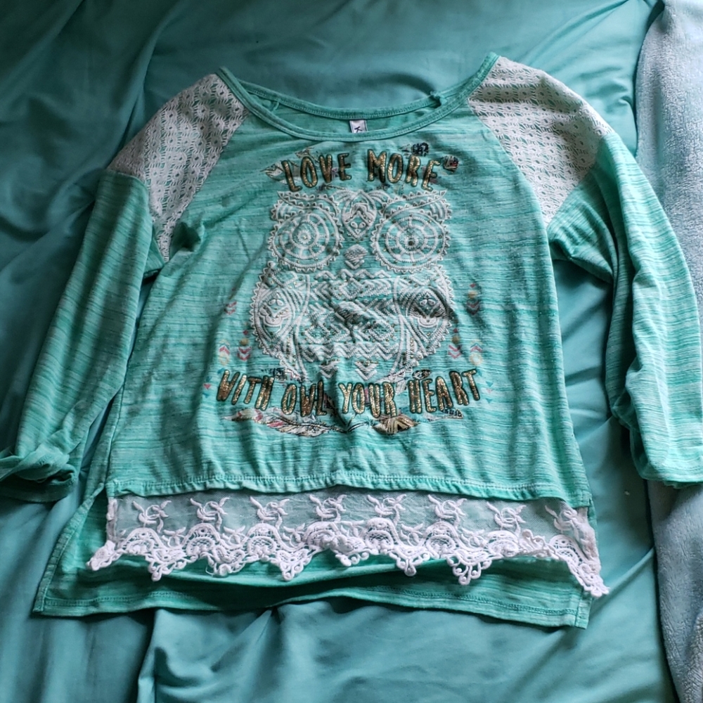 Girls' Teal and White Shirt with Design